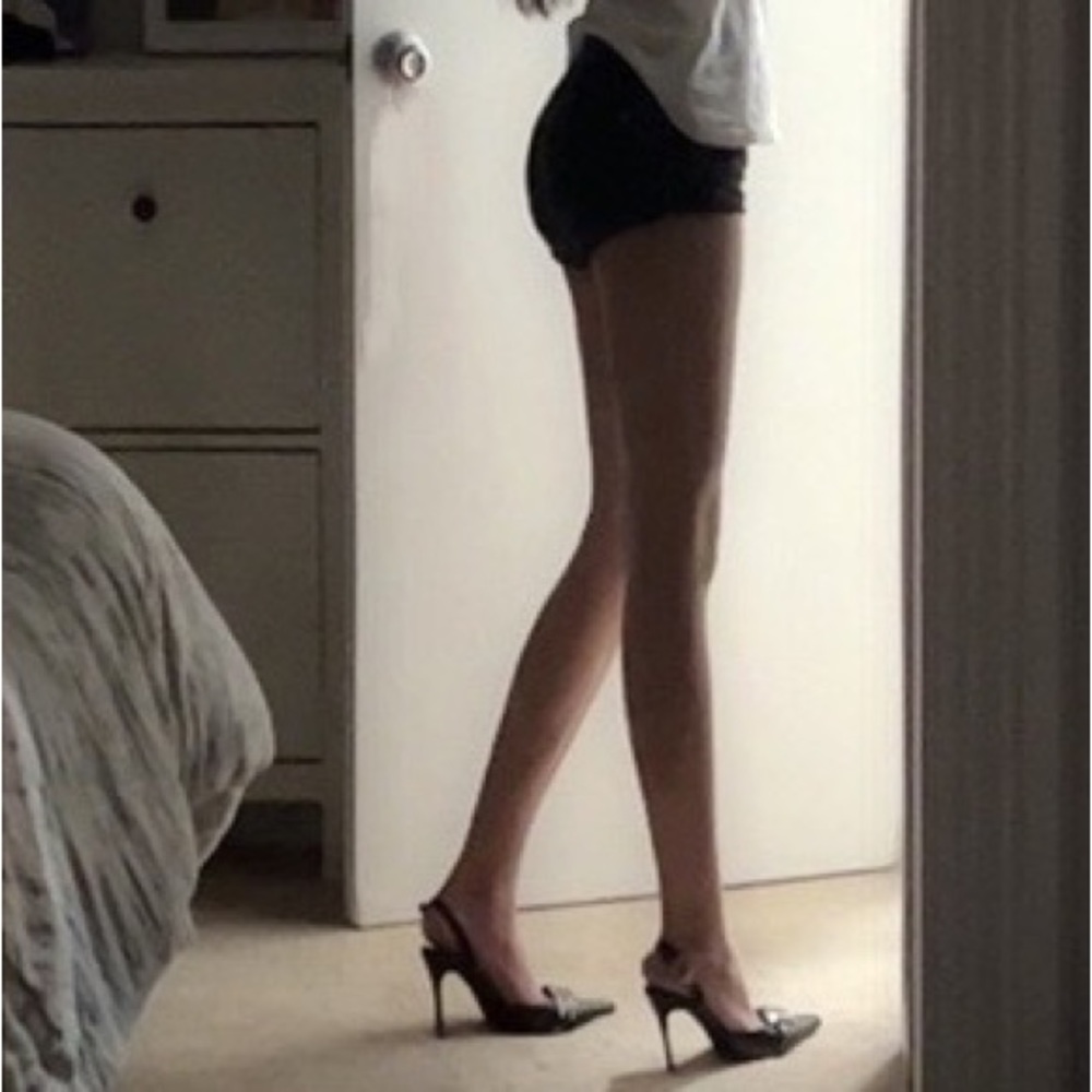 Steve Madden Black Pointed Toe Slingback Heels with Gold Buckle Detail - Picture 5 of 7